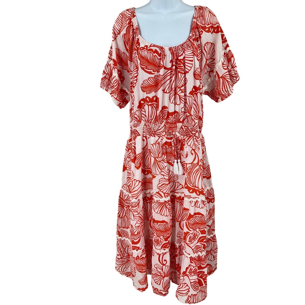 Mlle Gabrielle Dress Women 2X Red White Floral Cotton Smocked Boho Tiered Midi